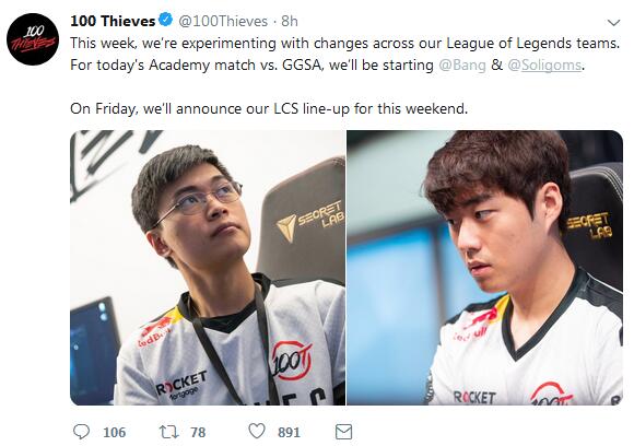 《LOL》100T战绩不佳 Bang将下放青训