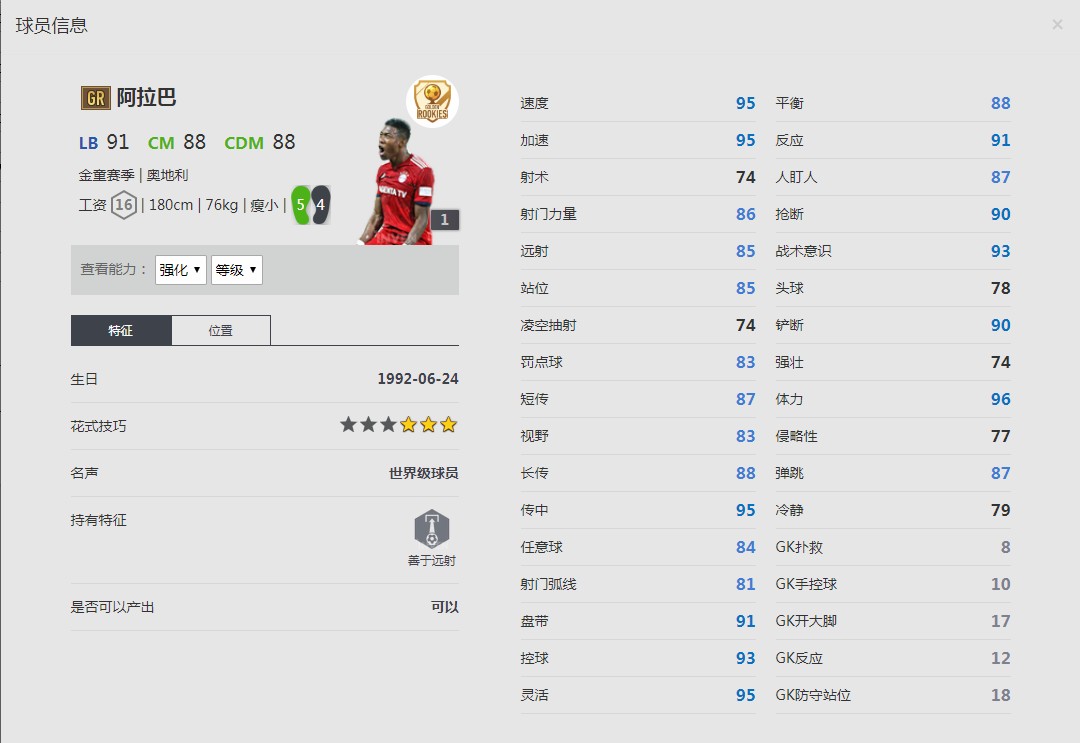 《FIFA online4》金童赛季/阿拉巴详细数据一览