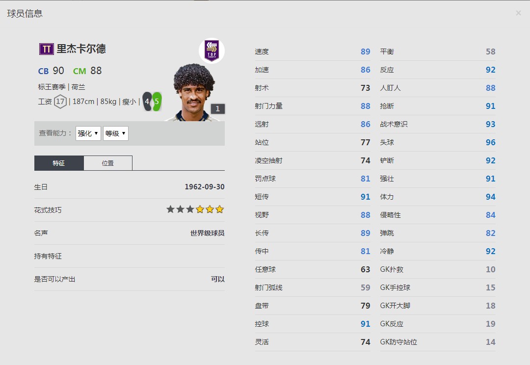 《FIFA online4》标王赛季/里杰卡尔德详细数据一览