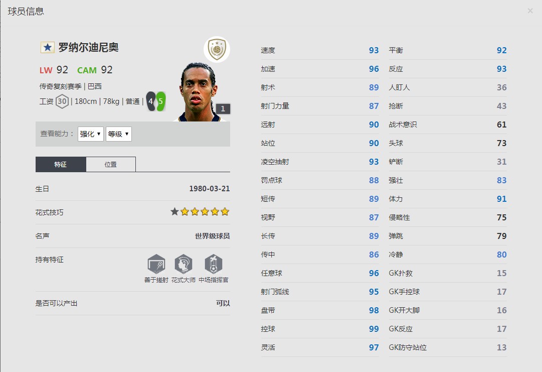 《FIFA online4》罗纳尔迪尼奥球员信息