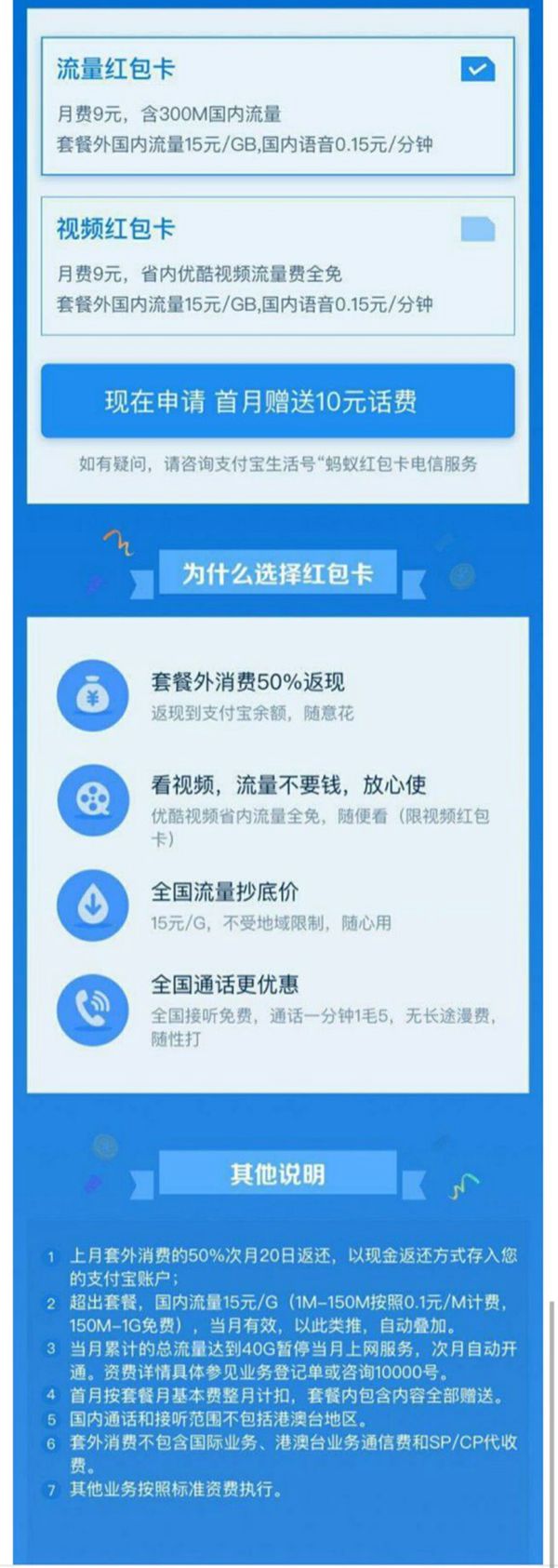 《支付宝》蚂蚁红包卡的功能及资费介绍
