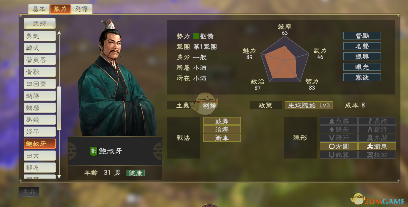 《三国志14》DLC古武将鲍叔牙数据分享