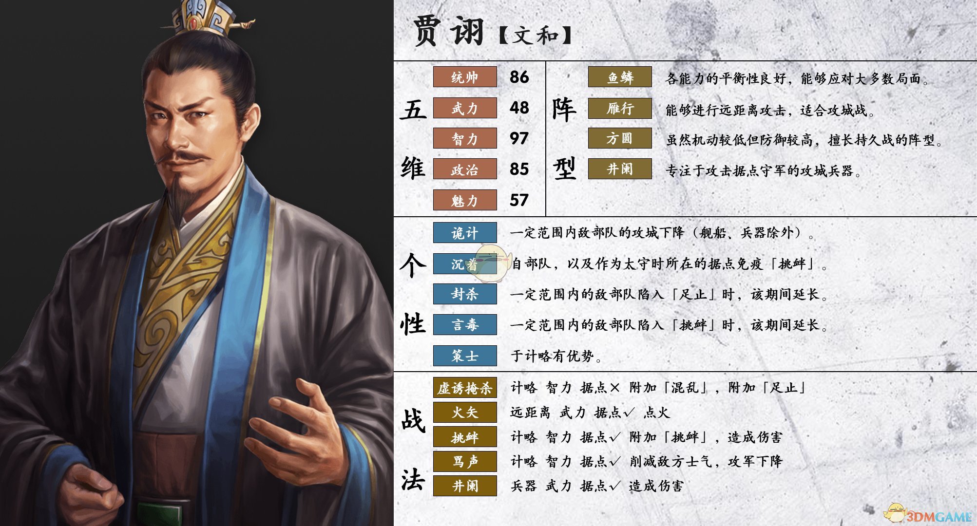 《三国志14》贾诩属性个性一览
