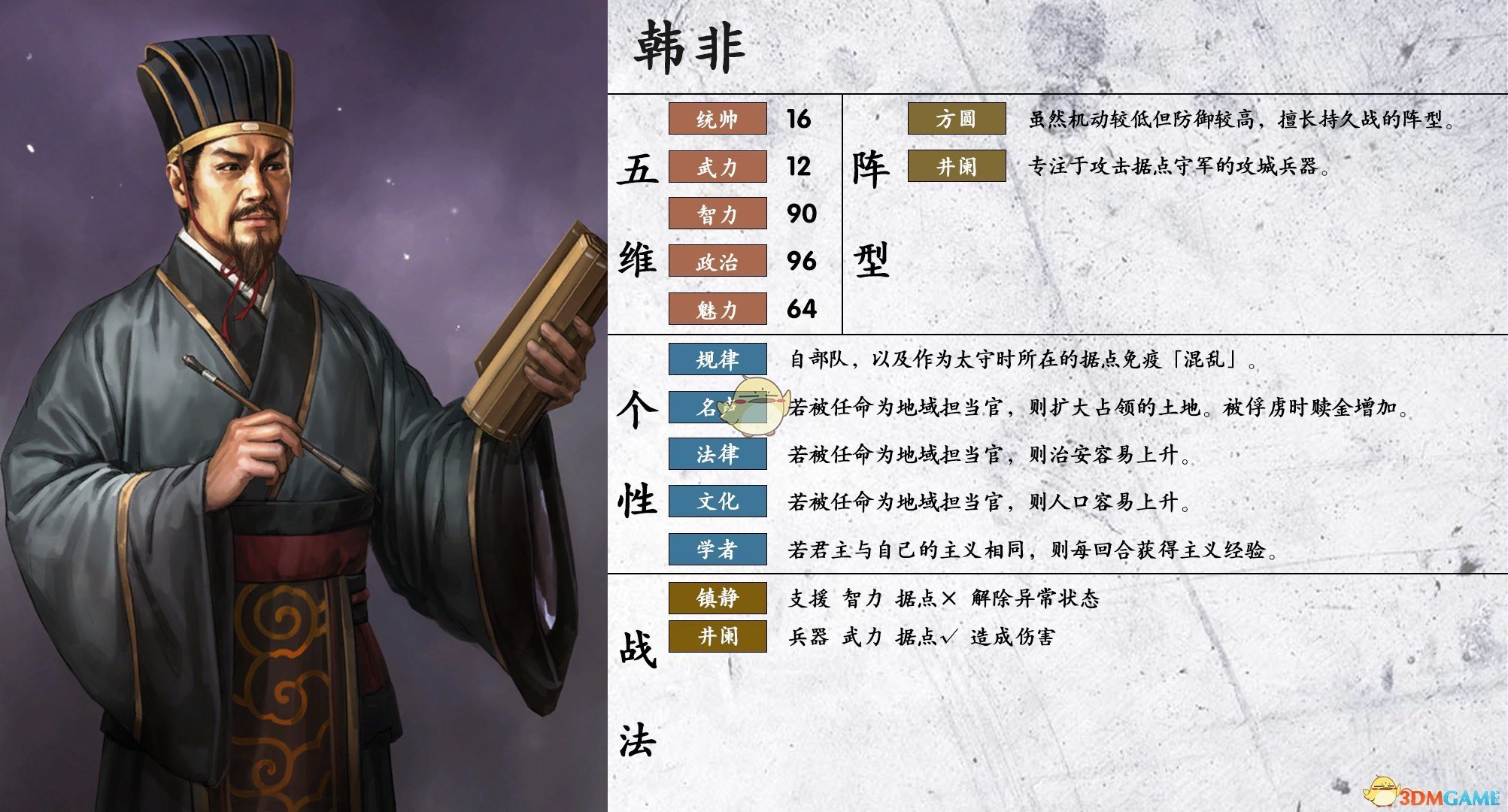 《三国志14》韩非属性个性一览