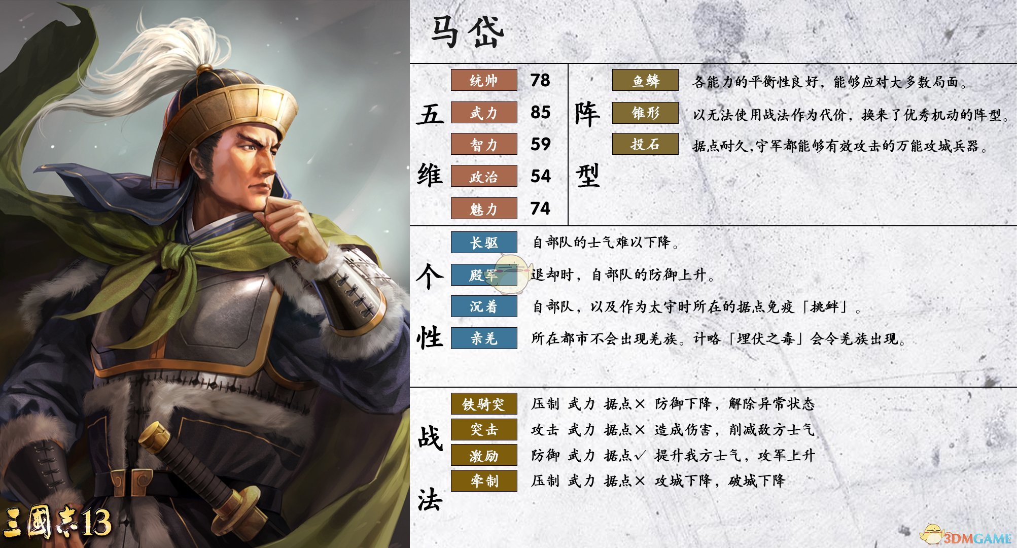《三国志14》马岱属性个性一览