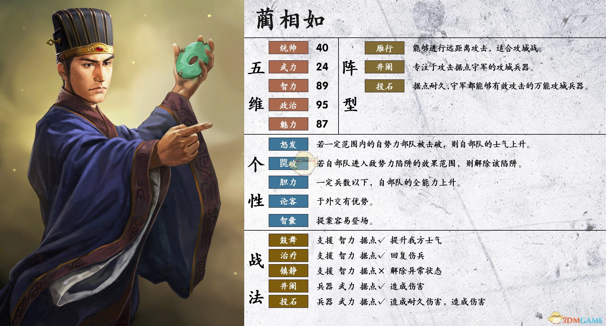 《三国志14》蔺相如属性个性一览