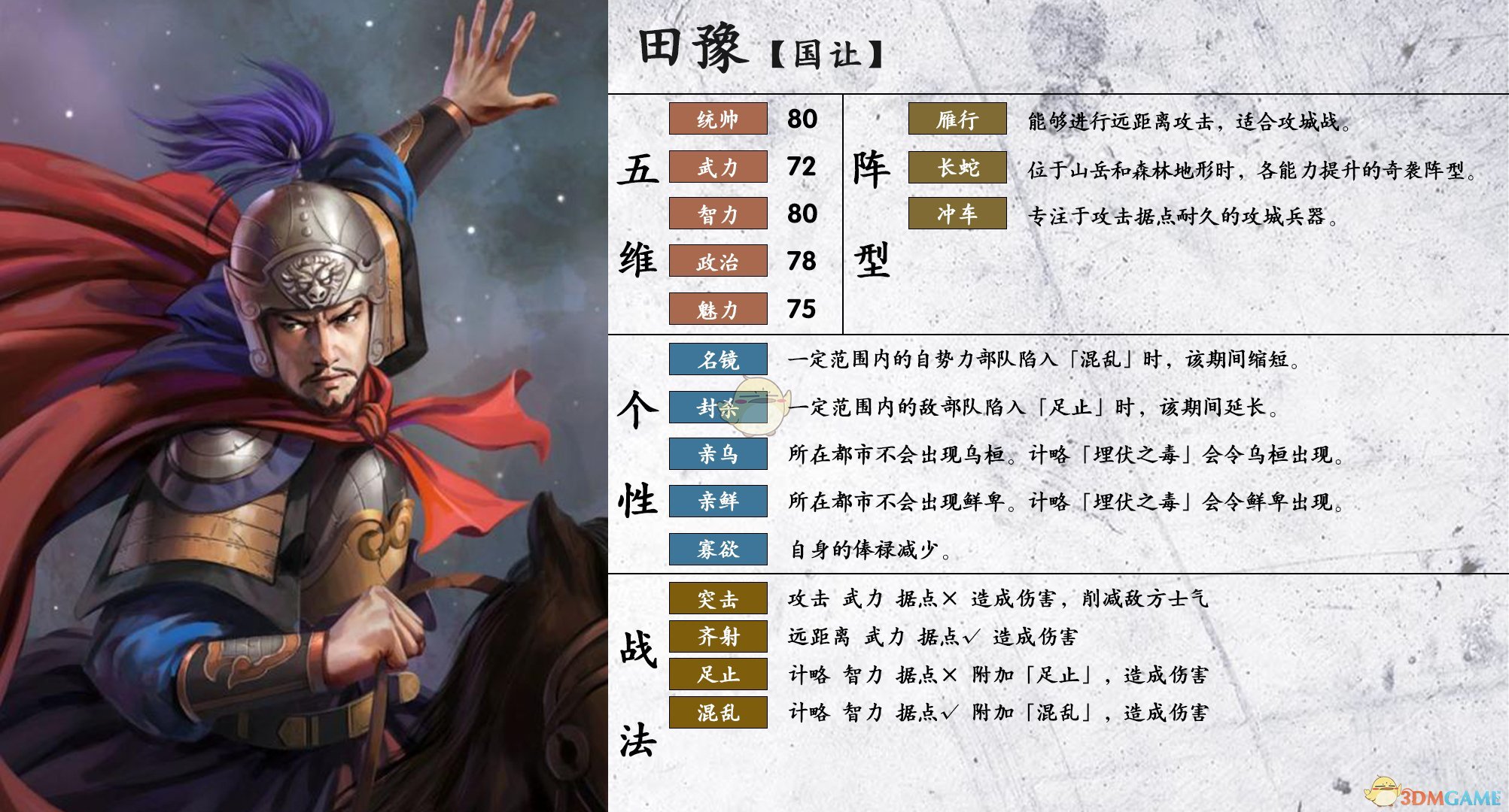 《三国志14》田豫属性个性一览