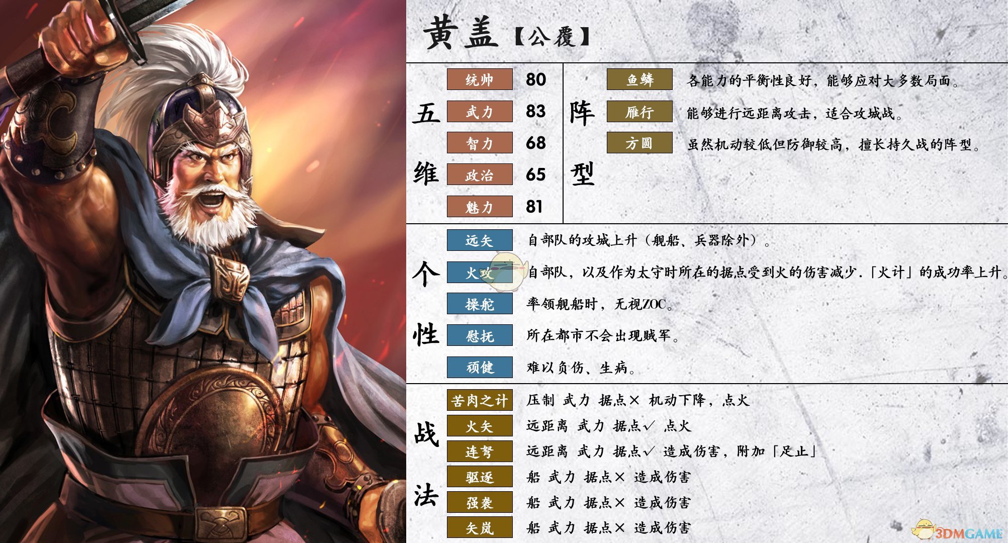 《三国志14》黄盖属性个性一览