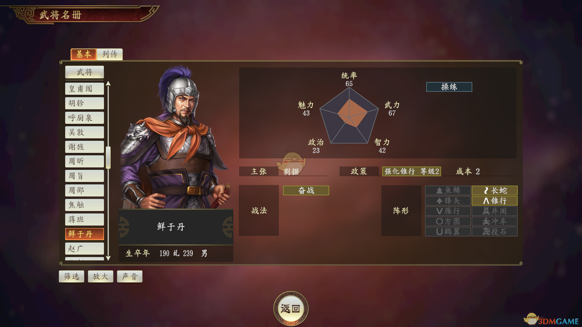 《三国志14》鲜于丹武将点评